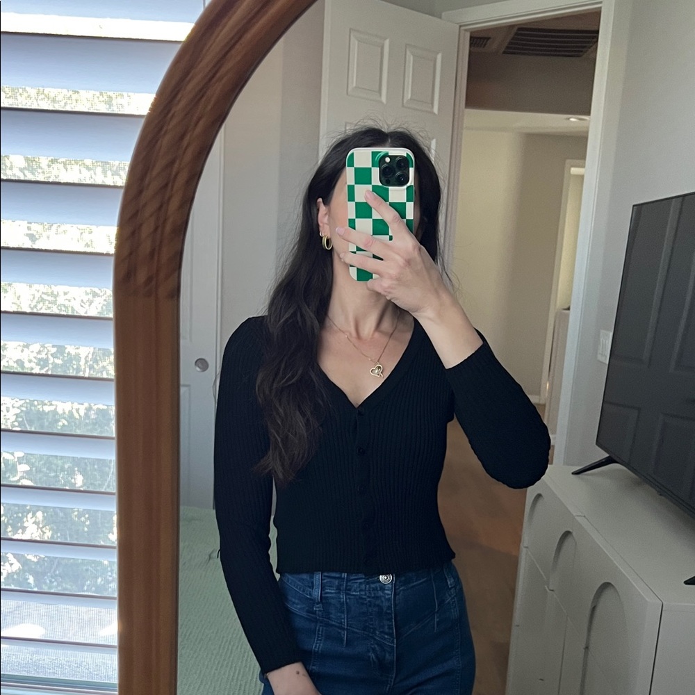 Black Ribbed Button-Up Cardigan